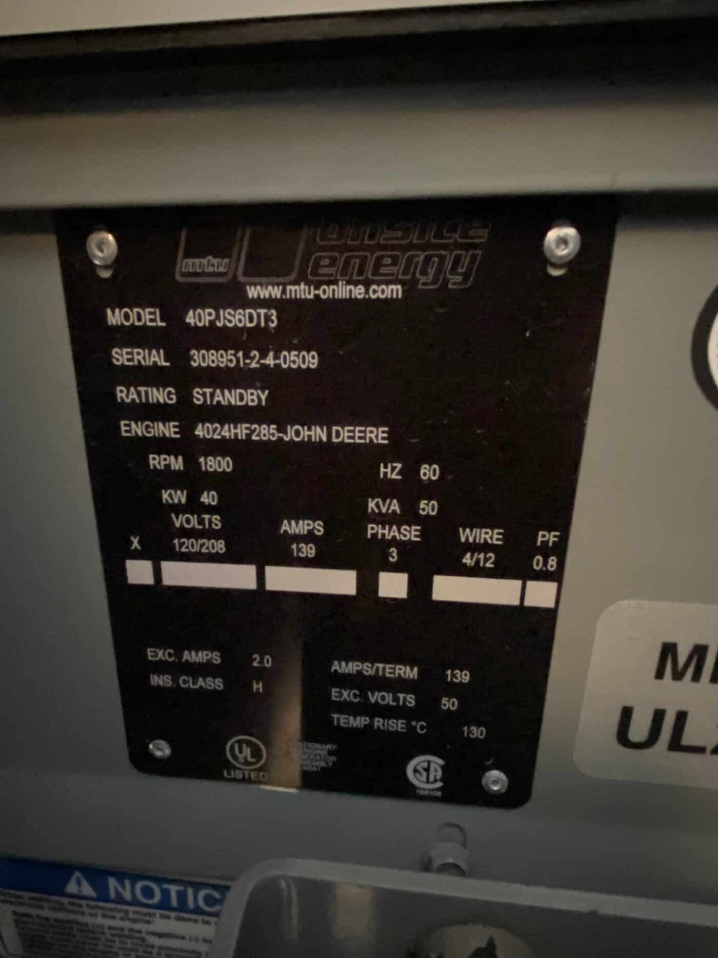 Output Information For 40kW MTU Onsite Energy Skidmount Generator