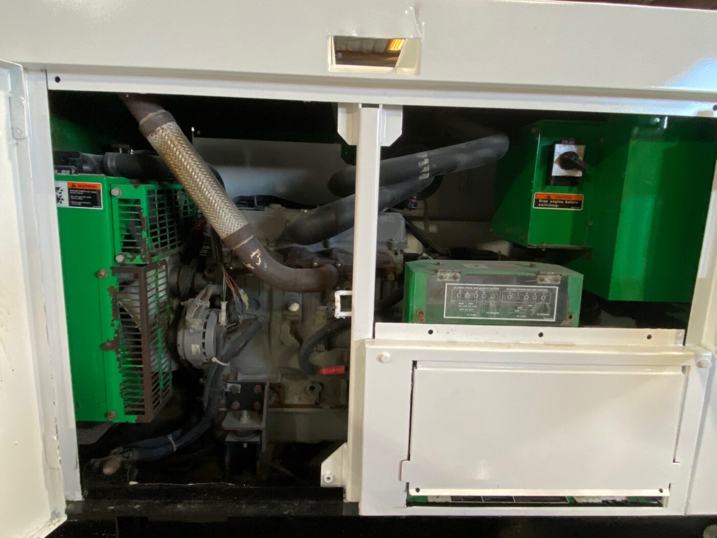 Inside View Of Generator Engine In Trailer-Mounted 20kW MultiQuip WhisperWatt Generator.