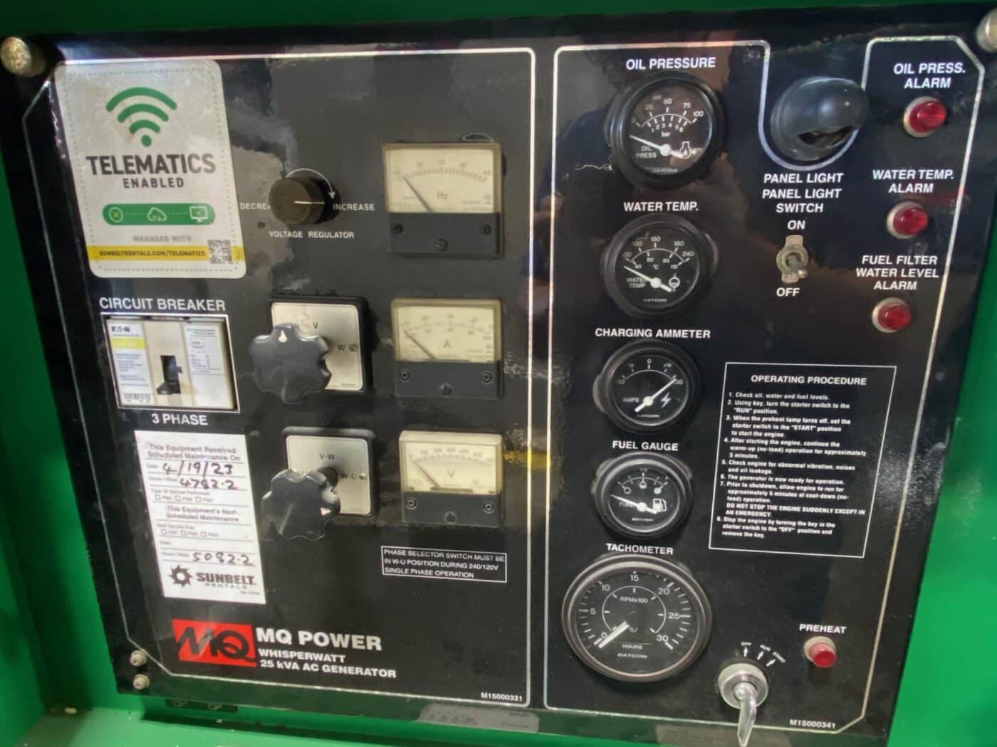 Control Panel View Of Trailer-Mounted 20kW MultiQuip WhisperWatt Generator.