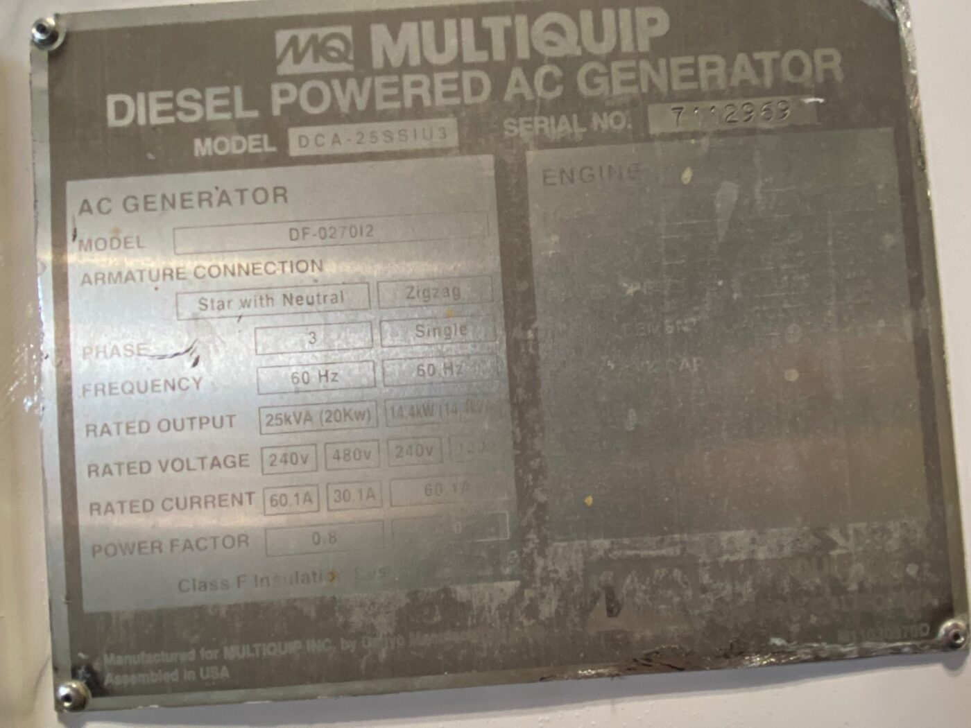 Manufacturer's Information On Trailer-Mounted 20kW MultiQuip WhisperWatt Generator.